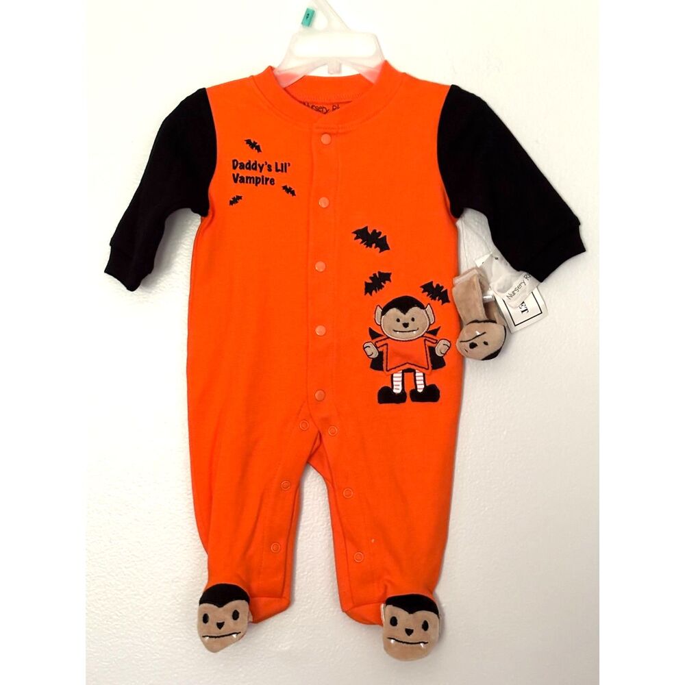 NWT Nursery Rhyme Baby 0-3M Halloween Vampire Romper Wrist Rattle 2 Pc Set